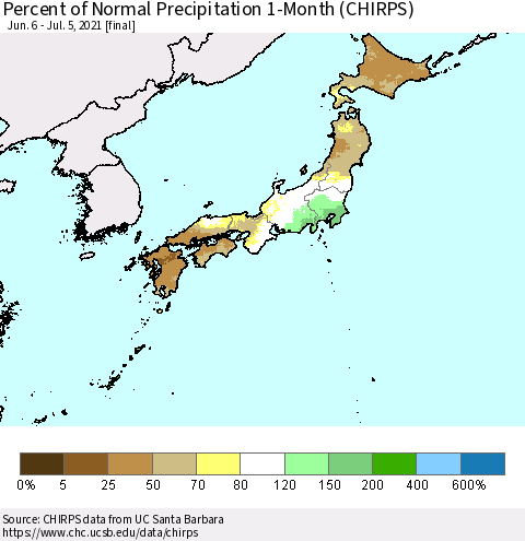 Japan Percent of Normal Precipitation 1-Month (CHIRPS) Thematic Map For 6/6/2021 - 7/5/2021