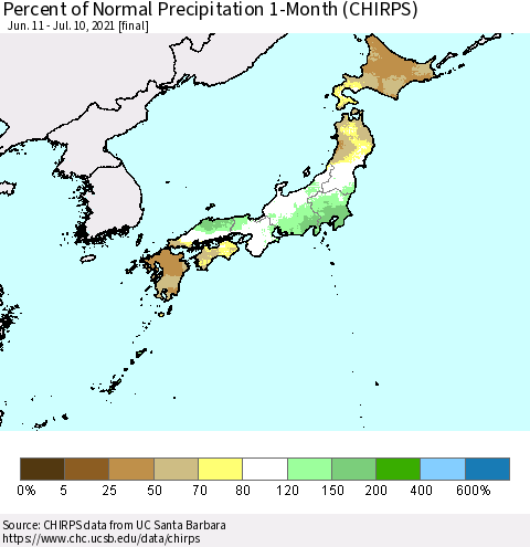 Japan Percent of Normal Precipitation 1-Month (CHIRPS) Thematic Map For 6/11/2021 - 7/10/2021