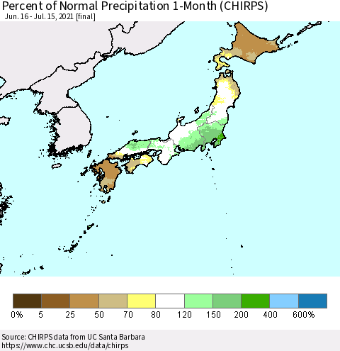 Japan Percent of Normal Precipitation 1-Month (CHIRPS) Thematic Map For 6/16/2021 - 7/15/2021