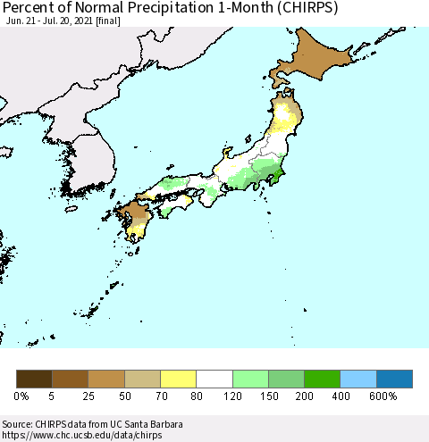 Japan Percent of Normal Precipitation 1-Month (CHIRPS) Thematic Map For 6/21/2021 - 7/20/2021