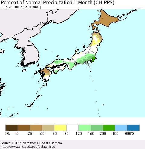 Japan Percent of Normal Precipitation 1-Month (CHIRPS) Thematic Map For 6/26/2021 - 7/25/2021