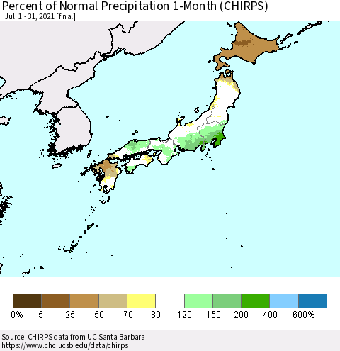 Japan Percent of Normal Precipitation 1-Month (CHIRPS) Thematic Map For 7/1/2021 - 7/31/2021