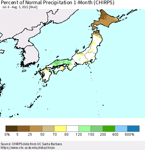 Japan Percent of Normal Precipitation 1-Month (CHIRPS) Thematic Map For 7/6/2021 - 8/5/2021