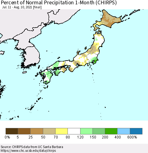 Japan Percent of Normal Precipitation 1-Month (CHIRPS) Thematic Map For 7/11/2021 - 8/10/2021