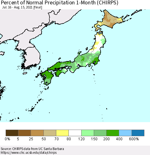 Japan Percent of Normal Precipitation 1-Month (CHIRPS) Thematic Map For 7/16/2021 - 8/15/2021