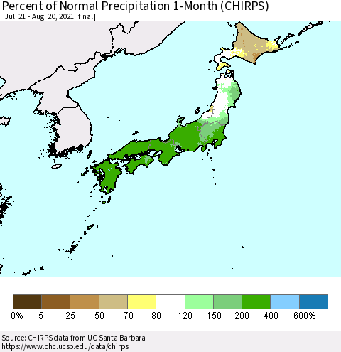 Japan Percent of Normal Precipitation 1-Month (CHIRPS) Thematic Map For 7/21/2021 - 8/20/2021