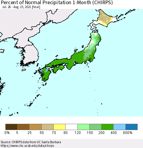 Japan Percent of Normal Precipitation 1-Month (CHIRPS) Thematic Map For 7/26/2021 - 8/25/2021