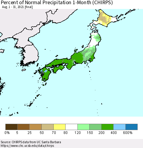 Japan Percent of Normal Precipitation 1-Month (CHIRPS) Thematic Map For 8/1/2021 - 8/31/2021