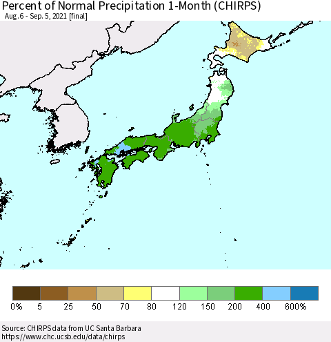 Japan Percent of Normal Precipitation 1-Month (CHIRPS) Thematic Map For 8/6/2021 - 9/5/2021