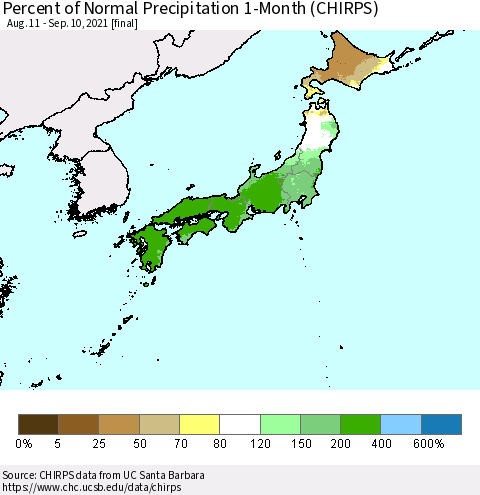 Japan Percent of Normal Precipitation 1-Month (CHIRPS) Thematic Map For 8/11/2021 - 9/10/2021