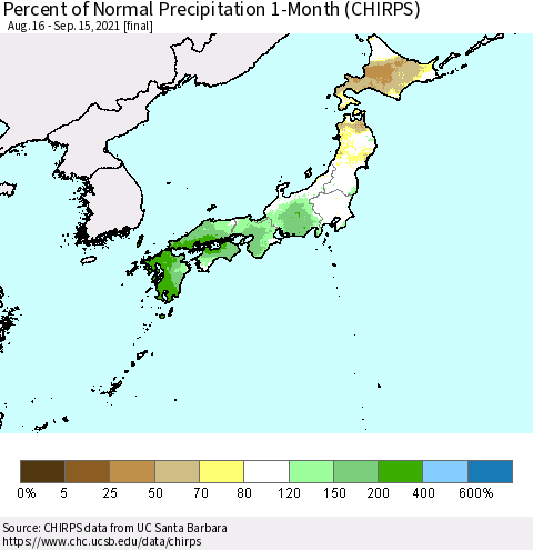 Japan Percent of Normal Precipitation 1-Month (CHIRPS) Thematic Map For 8/16/2021 - 9/15/2021