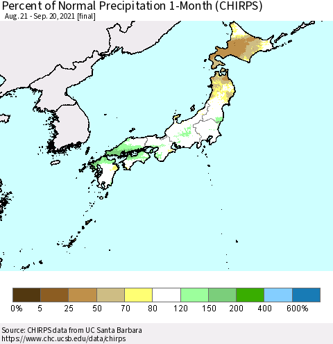 Japan Percent of Normal Precipitation 1-Month (CHIRPS) Thematic Map For 8/21/2021 - 9/20/2021