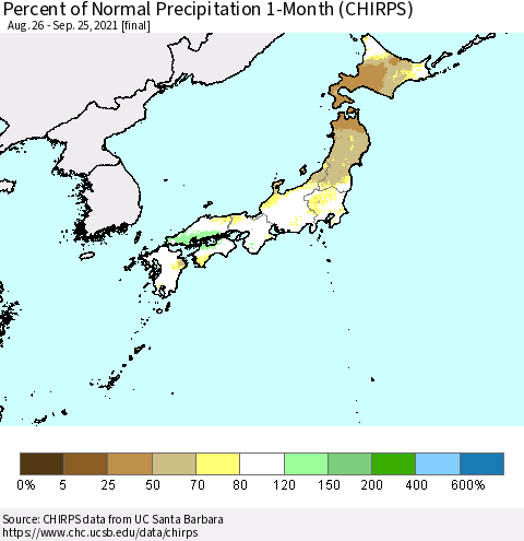 Japan Percent of Normal Precipitation 1-Month (CHIRPS) Thematic Map For 8/26/2021 - 9/25/2021