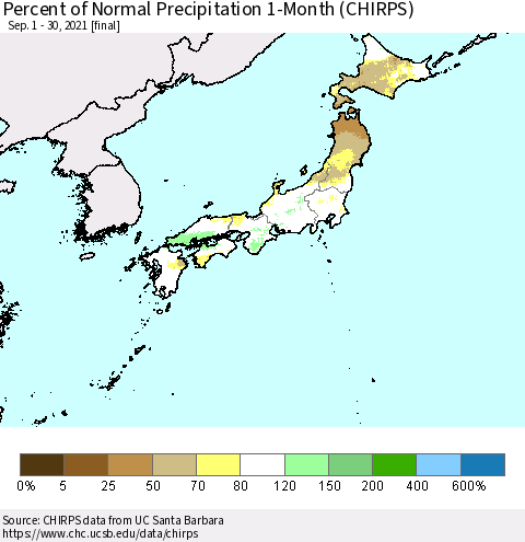 Japan Percent of Normal Precipitation 1-Month (CHIRPS) Thematic Map For 9/1/2021 - 9/30/2021