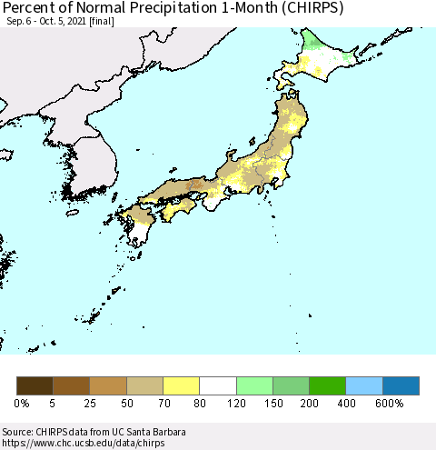 Japan Percent of Normal Precipitation 1-Month (CHIRPS) Thematic Map For 9/6/2021 - 10/5/2021
