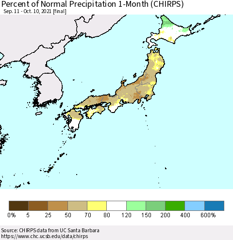 Japan Percent of Normal Precipitation 1-Month (CHIRPS) Thematic Map For 9/11/2021 - 10/10/2021
