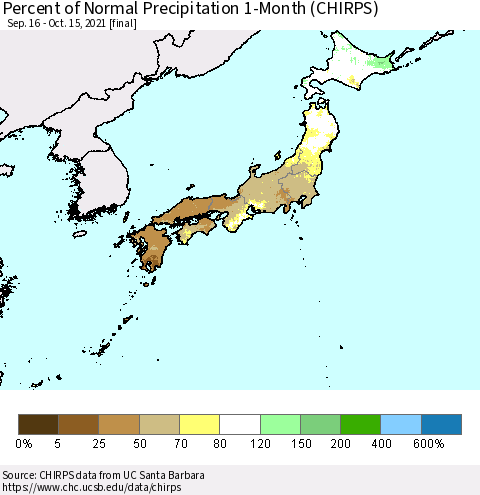 Japan Percent of Normal Precipitation 1-Month (CHIRPS) Thematic Map For 9/16/2021 - 10/15/2021