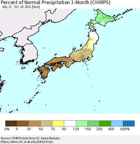 Japan Percent of Normal Precipitation 1-Month (CHIRPS) Thematic Map For 9/21/2021 - 10/20/2021