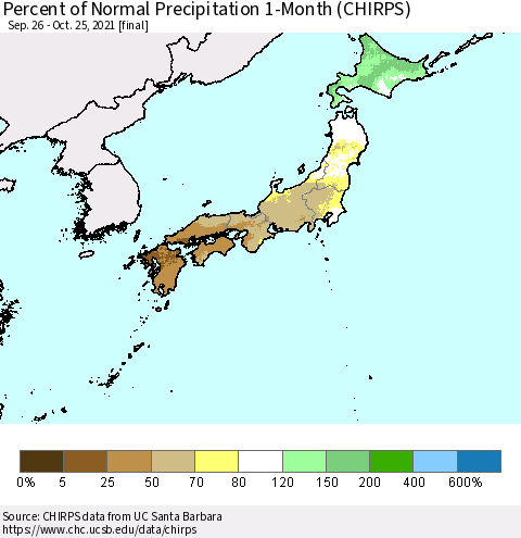 Japan Percent of Normal Precipitation 1-Month (CHIRPS) Thematic Map For 9/26/2021 - 10/25/2021