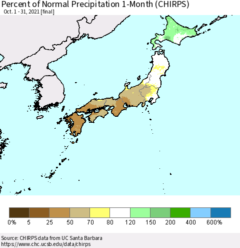 Japan Percent of Normal Precipitation 1-Month (CHIRPS) Thematic Map For 10/1/2021 - 10/31/2021