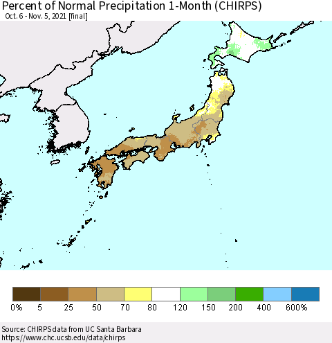 Japan Percent of Normal Precipitation 1-Month (CHIRPS) Thematic Map For 10/6/2021 - 11/5/2021