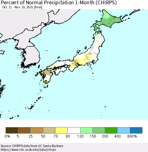Japan Percent of Normal Precipitation 1-Month (CHIRPS) Thematic Map For 10/11/2021 - 11/10/2021