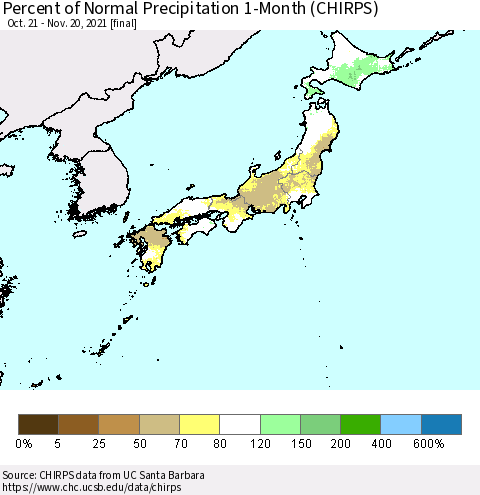Japan Percent of Normal Precipitation 1-Month (CHIRPS) Thematic Map For 10/21/2021 - 11/20/2021