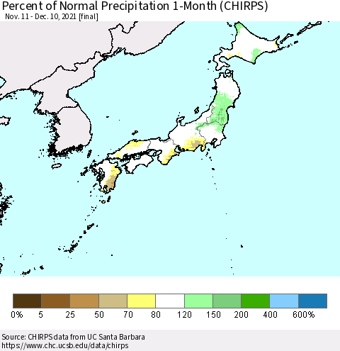 Japan Percent of Normal Precipitation 1-Month (CHIRPS) Thematic Map For 11/11/2021 - 12/10/2021