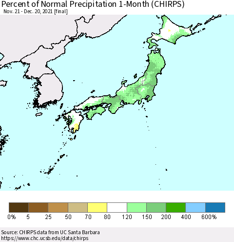 Japan Percent of Normal Precipitation 1-Month (CHIRPS) Thematic Map For 11/21/2021 - 12/20/2021