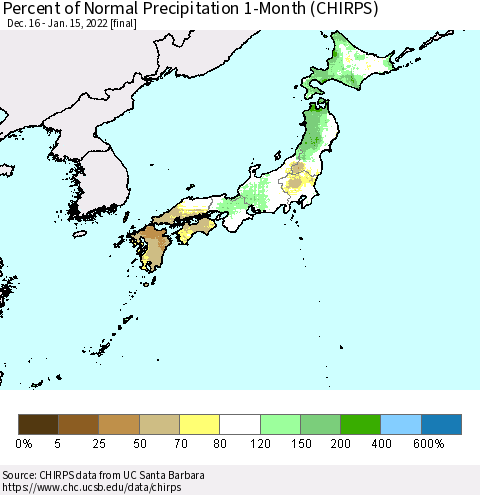 Japan Percent of Normal Precipitation 1-Month (CHIRPS) Thematic Map For 12/16/2021 - 1/15/2022