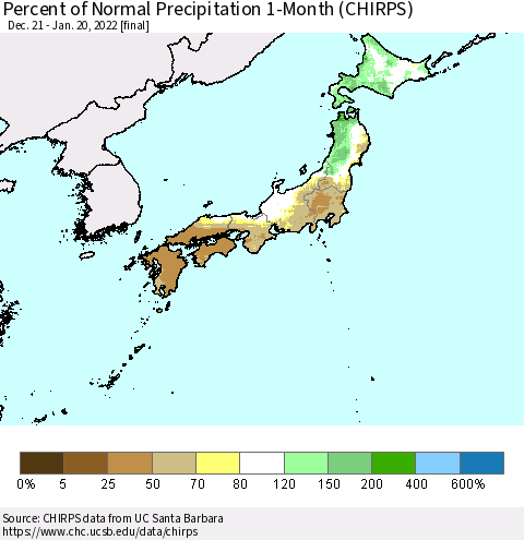 Japan Percent of Normal Precipitation 1-Month (CHIRPS) Thematic Map For 12/21/2021 - 1/20/2022