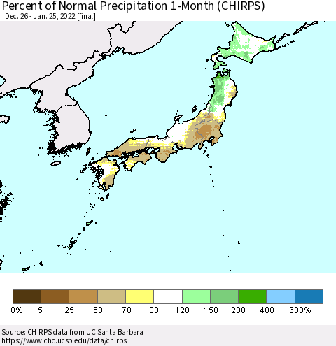 Japan Percent of Normal Precipitation 1-Month (CHIRPS) Thematic Map For 12/26/2021 - 1/25/2022