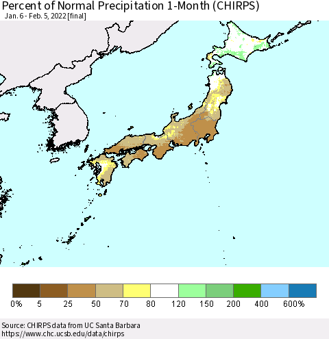 Japan Percent of Normal Precipitation 1-Month (CHIRPS) Thematic Map For 1/6/2022 - 2/5/2022