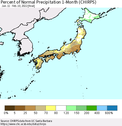 Japan Percent of Normal Precipitation 1-Month (CHIRPS) Thematic Map For 1/11/2022 - 2/10/2022