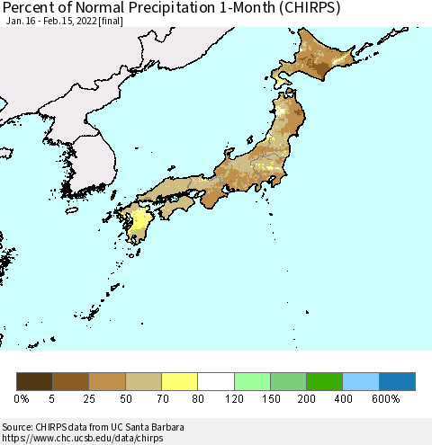 Japan Percent of Normal Precipitation 1-Month (CHIRPS) Thematic Map For 1/16/2022 - 2/15/2022