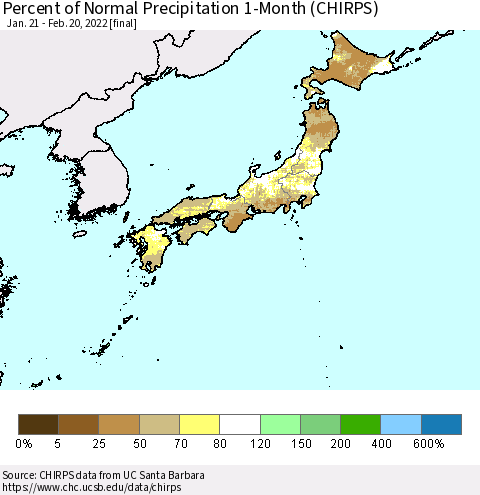 Japan Percent of Normal Precipitation 1-Month (CHIRPS) Thematic Map For 1/21/2022 - 2/20/2022