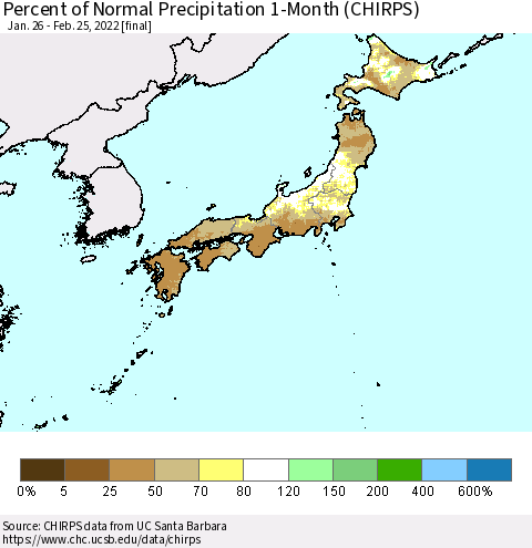 Japan Percent of Normal Precipitation 1-Month (CHIRPS) Thematic Map For 1/26/2022 - 2/25/2022