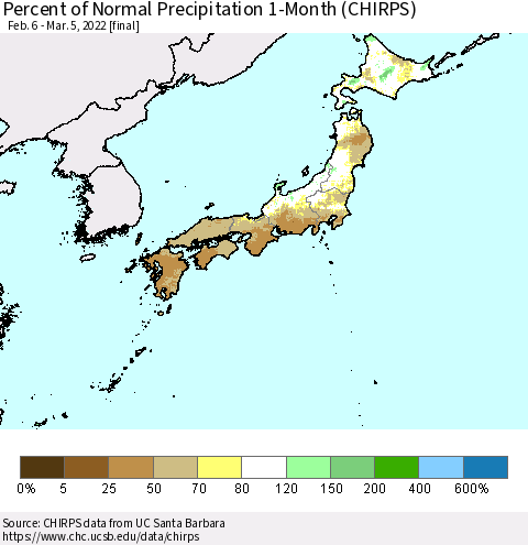Japan Percent of Normal Precipitation 1-Month (CHIRPS) Thematic Map For 2/6/2022 - 3/5/2022