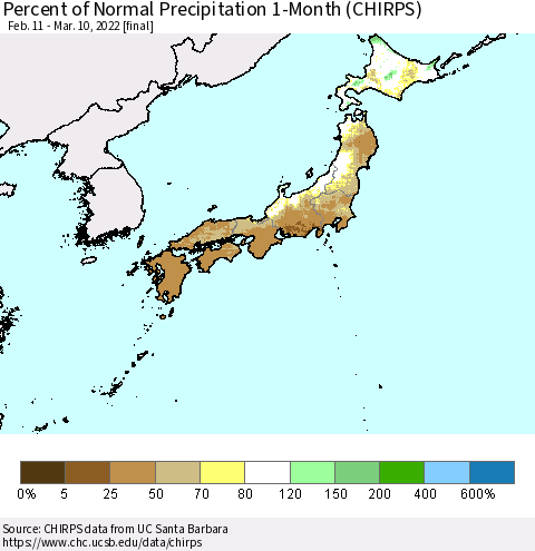 Japan Percent of Normal Precipitation 1-Month (CHIRPS) Thematic Map For 2/11/2022 - 3/10/2022