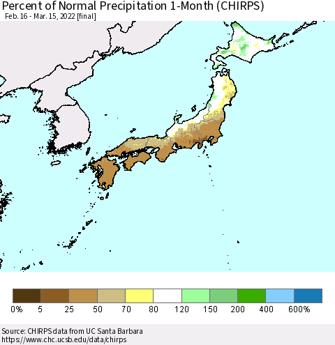 Japan Percent of Normal Precipitation 1-Month (CHIRPS) Thematic Map For 2/16/2022 - 3/15/2022
