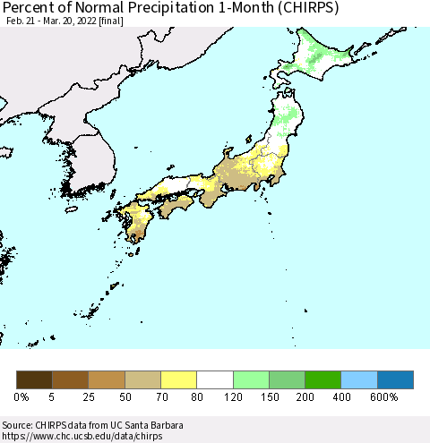 Japan Percent of Normal Precipitation 1-Month (CHIRPS) Thematic Map For 2/21/2022 - 3/20/2022
