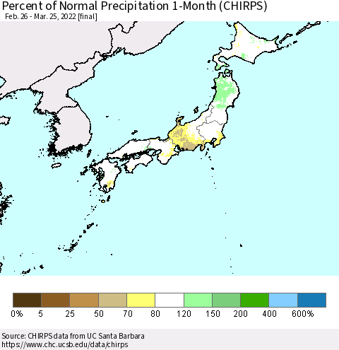 Japan Percent of Normal Precipitation 1-Month (CHIRPS) Thematic Map For 2/26/2022 - 3/25/2022