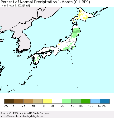 Japan Percent of Normal Precipitation 1-Month (CHIRPS) Thematic Map For 3/6/2022 - 4/5/2022