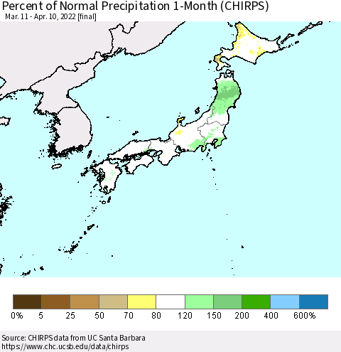Japan Percent of Normal Precipitation 1-Month (CHIRPS) Thematic Map For 3/11/2022 - 4/10/2022