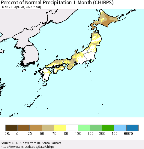 Japan Percent of Normal Precipitation 1-Month (CHIRPS) Thematic Map For 3/21/2022 - 4/20/2022