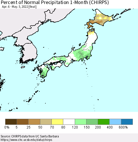 Japan Percent of Normal Precipitation 1-Month (CHIRPS) Thematic Map For 4/6/2022 - 5/5/2022