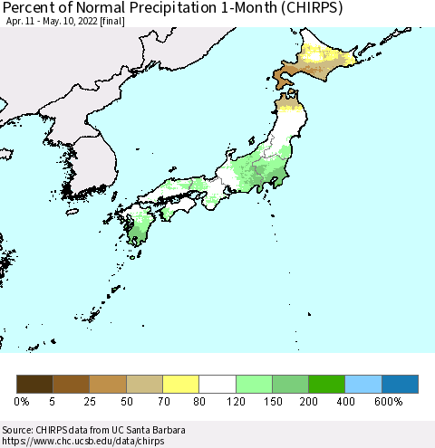 Japan Percent of Normal Precipitation 1-Month (CHIRPS) Thematic Map For 4/11/2022 - 5/10/2022