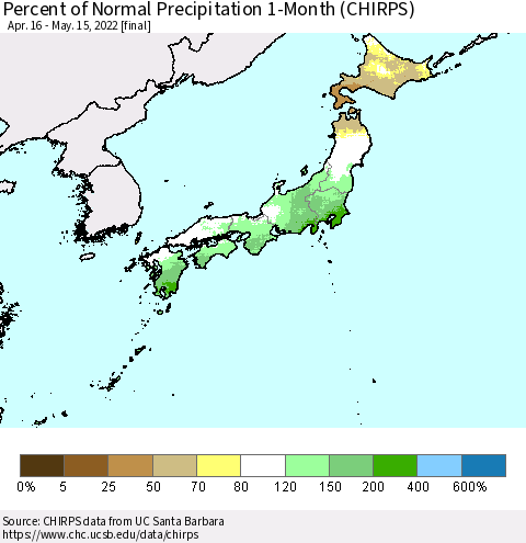 Japan Percent of Normal Precipitation 1-Month (CHIRPS) Thematic Map For 4/16/2022 - 5/15/2022