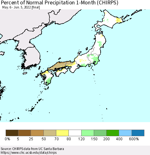 Japan Percent of Normal Precipitation 1-Month (CHIRPS) Thematic Map For 5/6/2022 - 6/5/2022