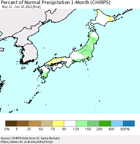 Japan Percent of Normal Precipitation 1-Month (CHIRPS) Thematic Map For 5/11/2022 - 6/10/2022